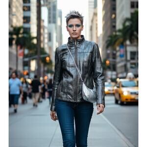 Chico's Y2K Sz 2Black metallic silver snakeskin jacket Bust43"CB length 27"Sle24